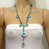10.19.15 Blue and White Crochet beaded OYA flower lariat necklace with Blue Beads.