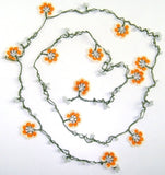 10.19.16 Orange and White Crochet beaded OYA flower lariat necklace with White Beads.