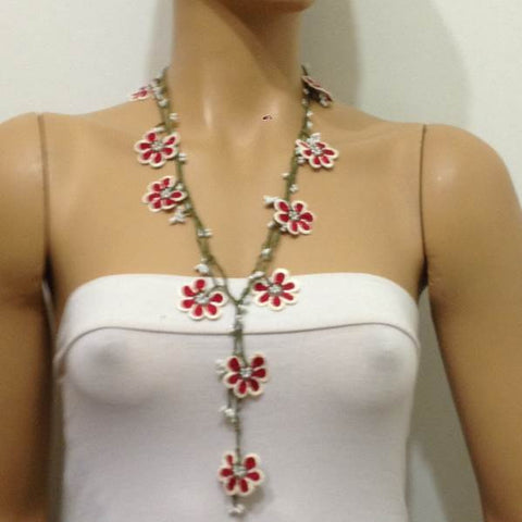 10.19.17 Red and White Crochet beaded OYA flower lariat necklace with White Beads.