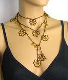 10.19.11 Yellow and Brown Crochet beaded OYA flower lariat necklace with Golden Beads.