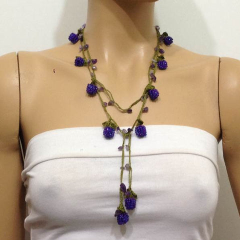 Purple Berry crocheted lariat with Amethyst stones