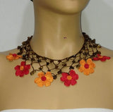 Orange and RED Choker Necklace with Crocheted flower and semi precious Tiger Eye Stones