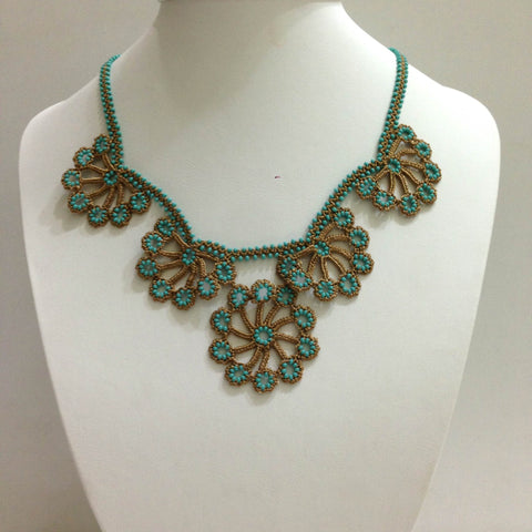 Taupe and Turquoise Bead Choker Necklace with Crocheted Bead Flower Oya