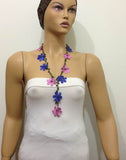 10.20.11 Pink and Blue OYA Flower Lariat Necklace with purplish black beads.
