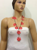 10.20.13 Pomegranate Red OYA Flower Lariat Necklace with white beads.