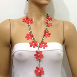 10.20.13 Pomegranate Red OYA Flower Lariat Necklace with white beads.