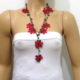 10.20.15 RED OYA Flower Lariat Necklace with purplish black beads.