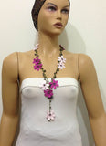 10.20.19 PINK and Dark Pink OYA Flower Lariat Necklace with purplish black beads.