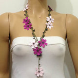 10.20.19 PINK and Dark Pink OYA Flower Lariat Necklace with purplish black beads.