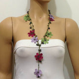 10.20.24 LILAC, Burgundy and Green OYA Flower Lariat Necklace with purplish black beads.