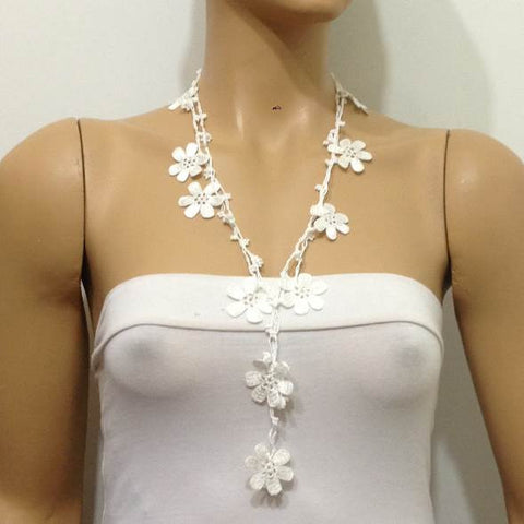 10.20.26 Snow White OYA Flower Lariat Necklace with white beads.