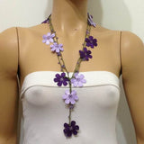 10.20.28 Lilac and Purple OYA Flower Lariat Necklace with purplish beads.