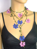 10.20.11 Pink and Blue OYA Flower Lariat Necklace with purplish black beads.