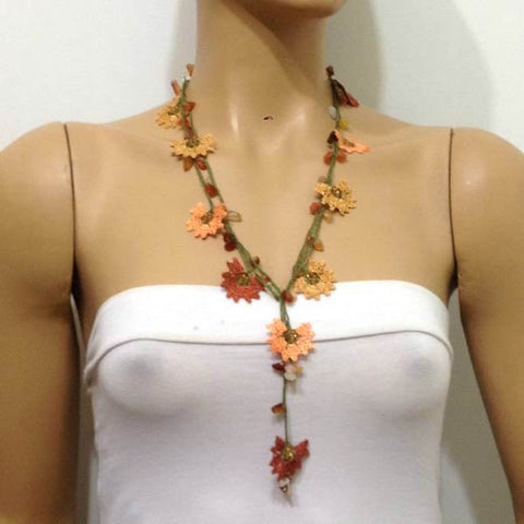 10.21.11 Orange and Copper Crochet beaded flower lariat necklace with orange Agate  Stones