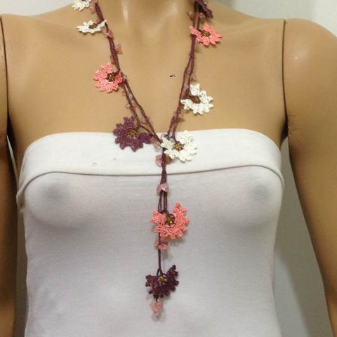 10.21.12 Brown and Pink Crochet beaded flower lariat necklace with Rose Quartz Stones