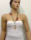 10.21.13 Burgundy,Yellow and White Crochet beaded flower lariat necklace with Jade Stones