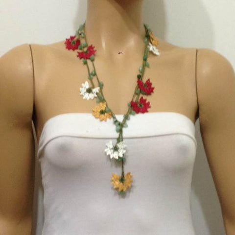 10.21.13 Burgundy,Yellow and White Crochet beaded flower lariat necklace with Jade Stones