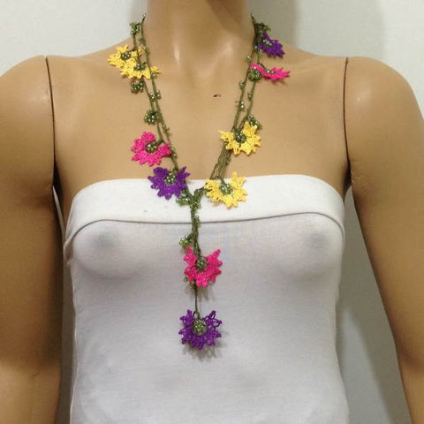 10.21.14 Yellow, Purple Fuchsia Crochet beaded flower lariat necklace with Green Beads