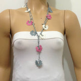 10.21.15 Pink and Gray Crochet beaded flower lariat necklace with Transparent Beads