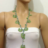 10.21.17 GREEN Crochet beaded flower lariat necklace with Jade Stones