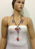 10.24.11 Multi-color Round Crochet beaded OYA Flower lariat necklace with Green String