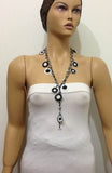 10.24.12 Black and White Round Crochet beaded OYA Flower lariat necklace with Black String