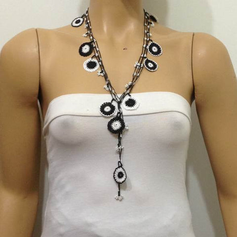 10.24.12 Black and White Round Crochet beaded OYA Flower lariat necklace with Black String