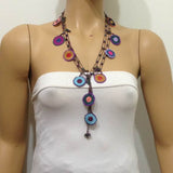 10.24.14 Multi-color Blue Round Crochet beaded OYA Flower lariat necklace with Brown String