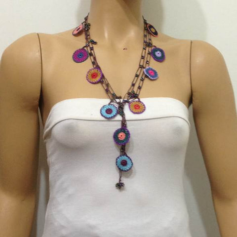10.24.14 Multi-color Blue Round Crochet beaded OYA Flower lariat necklace with Brown String