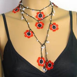 10.28.11 POPPY Black and Red Crochet beaded flower lariat necklace with white beads