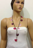 10.29.11 Pink and Sour Cherry Crochet beaded flower lariat necklace with Pink Stones