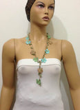 10.29.12 Brown,Green and Blue Crochet beaded flower lariat necklace with Semi-precious Stones