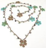 10.29.12 Brown,Green and Blue Crochet beaded flower lariat necklace with Semi-precious Stones