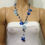 10.29.13  Ice BLUE and Indigo Blue Crochet beaded flower lariat necklace with Lapis Lazuli Stones