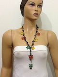 10.29.17 Yellow,Burnt Orange and Green Crochet beaded flower lariat necklace with Onyx Stones