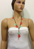 10.29.18 Pomegranate Flower and Aqua Green Crochet beaded flower lariat necklace with Agate Stones