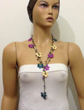 10.29.19 Plum, Teal and Yellow Crochet beaded flower lariat necklace with Amethyst Stones