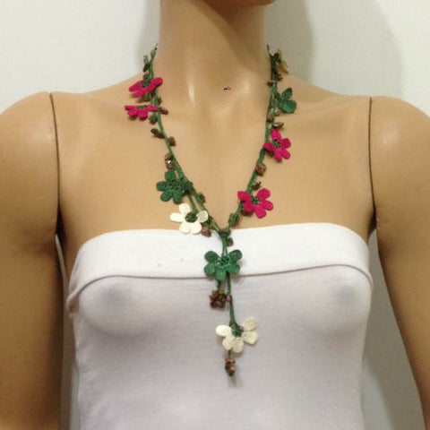10.29.20 Sour Cherry Pink, Green and White Crochet beaded flower lariat necklace with green Stones