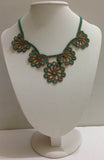 Taupe and Turquoise Bead Choker Necklace with Crocheted Bead Flower Oya