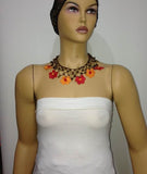 Orange and RED Choker Necklace with Crocheted flower and semi precious Tiger Eye Stones