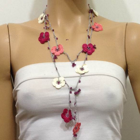 10.31.10 Sour Cherry,Cream,Pink Crochet Lace Lariat Necklace