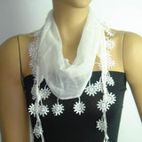 White fringed edge scarf - Scarf with Lace Fringe