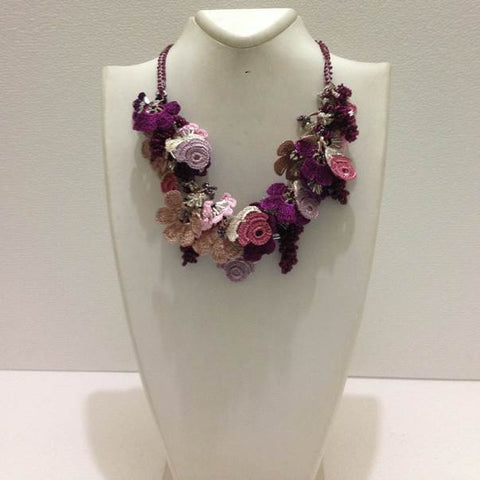 Lilac Burgundy Plum Purple and Taupe Bouquet Necklace - Crochet OYA Lace Necklace
