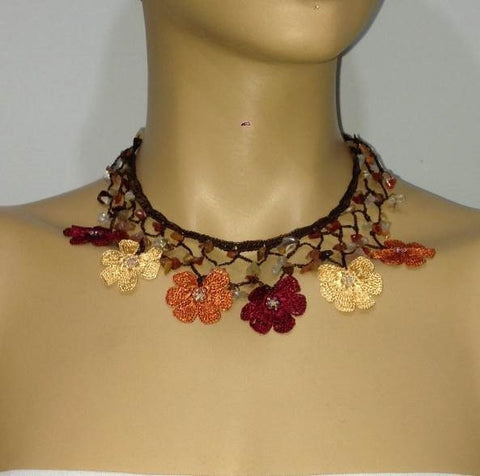 FALL Colors - Burnt Orange, Burgundy and Yellow Choker Necklace with Crocheted Flower and semi precious Agate Stones