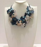 Teal Green and Taupe Bouquet Necklace - Crochet OYA Lace Necklace