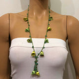 Green and Yellowish Green Crochet oya TULIP lace necklace with green jade stones handmade