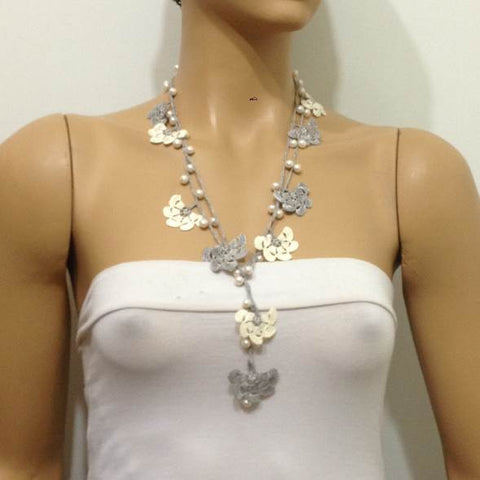 12.11.12 Grey and Beige Crochet Lariat with Freshwater Pearls - Elegant necklace Pearl Jewelry