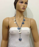 12.11.13 Blue and Beige Crochet Lariat with Freshwater Pearls - Elegant necklace Pearl Jewelry