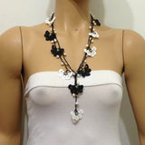 12.11.14 Black and White Crochet Lariat with Freshwater Pearls - Elegant necklace Pearl Jewelry