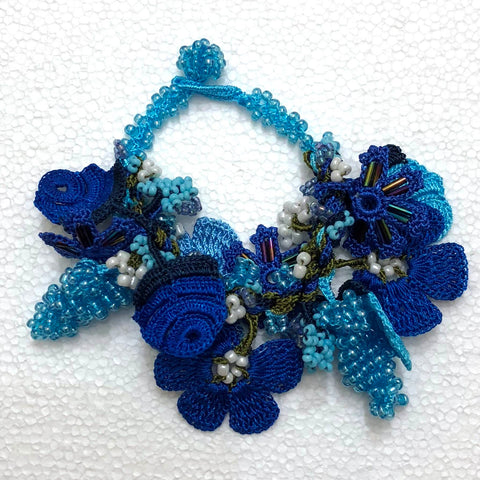 Blue Bouquet Bracelet with Blue Grapes - Crochet OYA Lace Bracelet